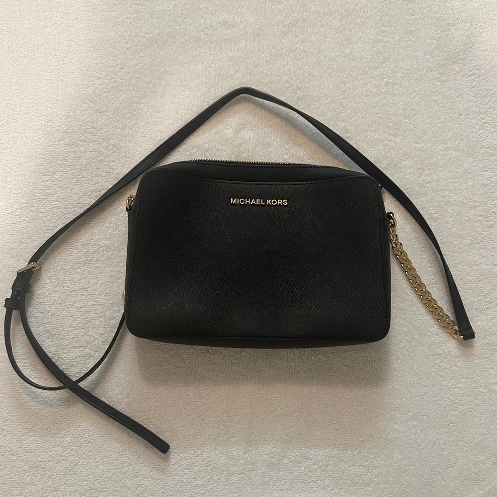 Michael Kors Black Crossbody Purse with Gold Accents on Strap